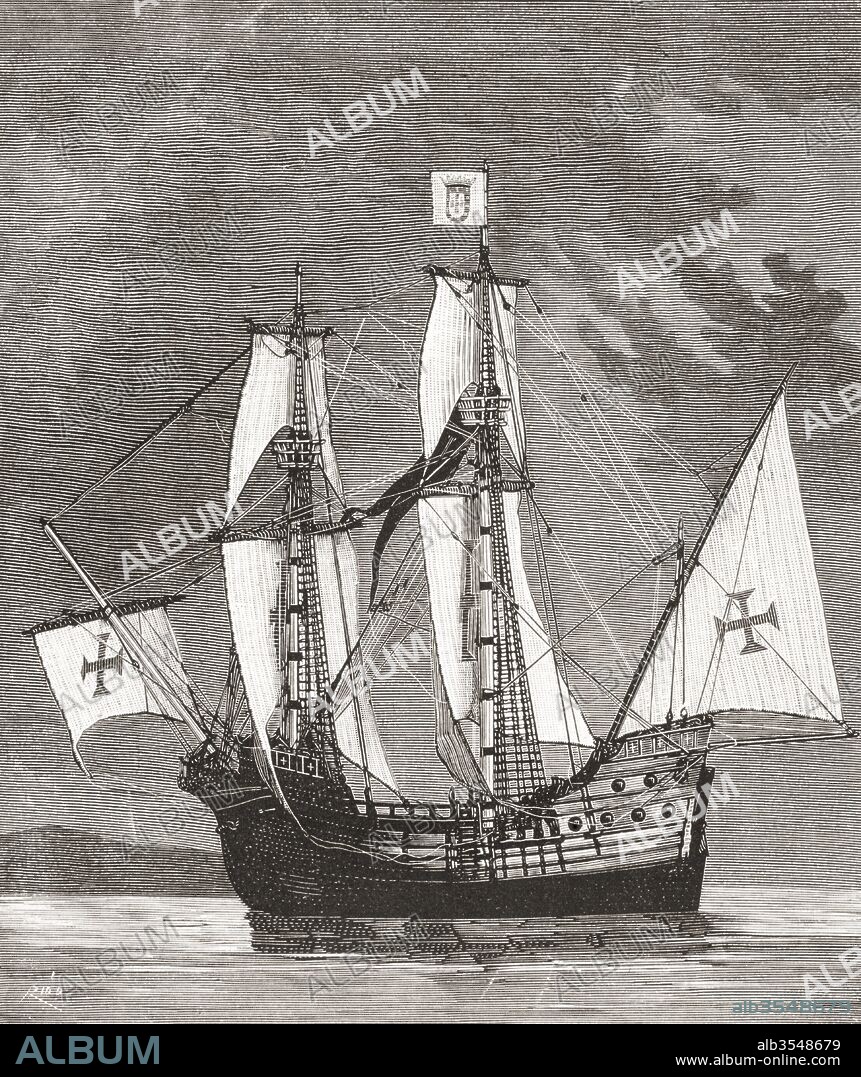 The São Gabriel, flagship of Vasco da Gama's armada on his first voyage to India, 1497-1499. From La Ilustracion Española y Americana, published 1892.