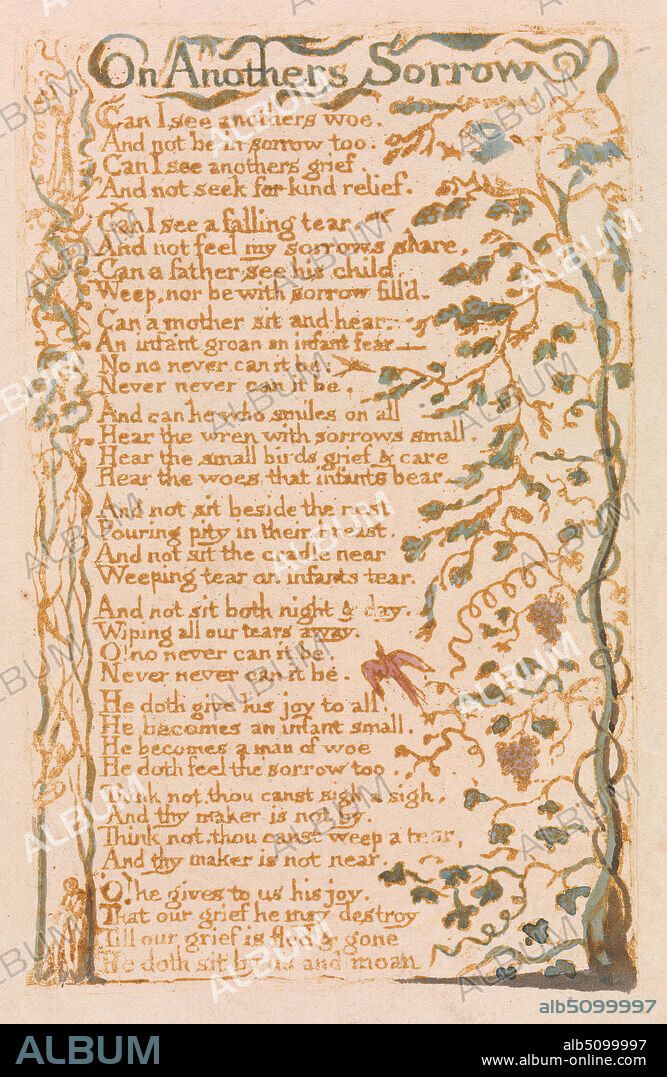 Songs of Innocence, Plate 24, 'On Anothers Sorrow' (Bentley 27), Print made by William Blake, 17571827, British, 1789, Relief etching printed in brown with pen and black ink and watercolor on moderately thick, slightly textured, cream wove paper, Sheet: 7 1/2 x 5 3/8 inches (19.1 x 13.7 cm), Plate: 4 1/2 x 2 7/8 inches (11.4 x 7.3 cm), and Plate: 4 1/2 x 3 inches (11.4 x 7.6 cm), birds, branches, children, grazing, hills, infant, leaf, literary theme, mother, sheep, sitting, text, trees, vegetation, vines, woman.