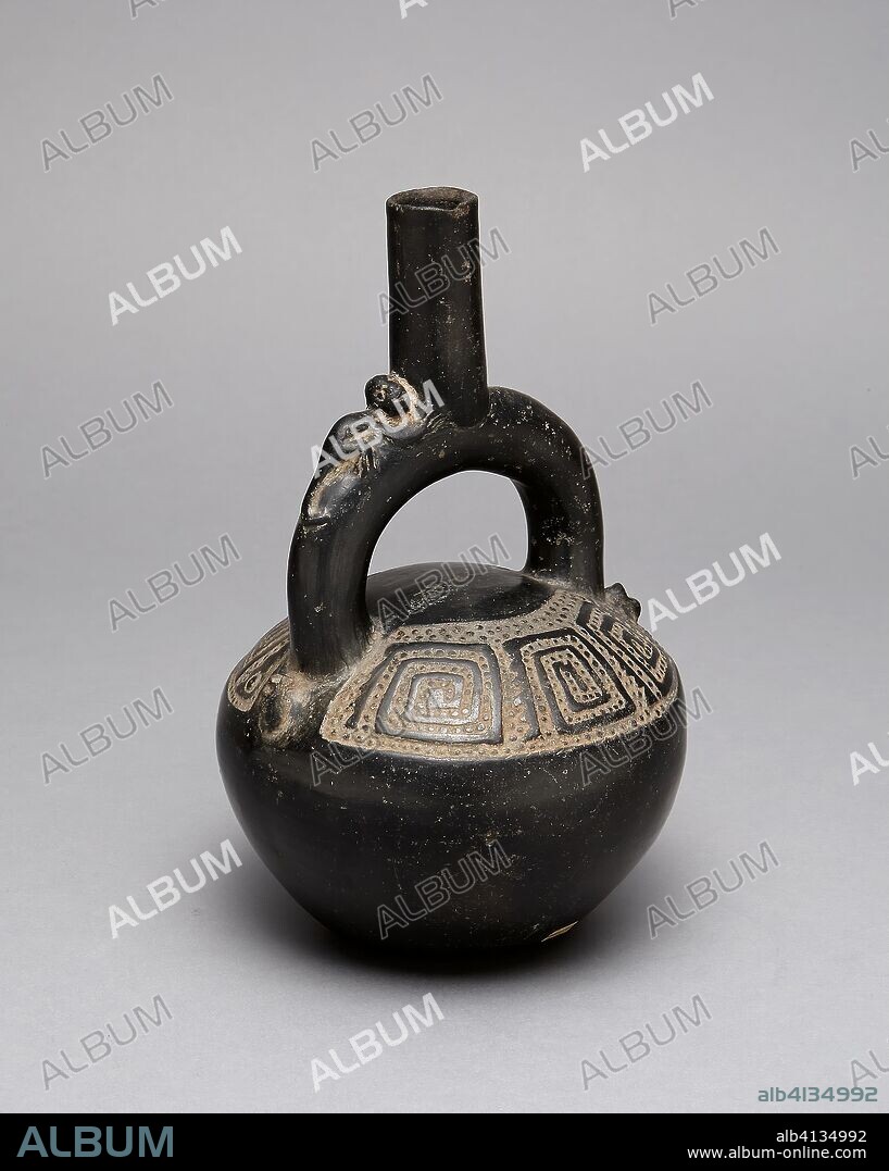 CHIMU. Blackware Stirrup Spout Vessel with Incised Squared Spiral Motif. Chimú; North coast, Peru. Date: 1200-1450. Dimensions: 23.5 x 13.2 cm (9 1/4 x 5 13/16 in.). Ceramic. Origin: North Coast.