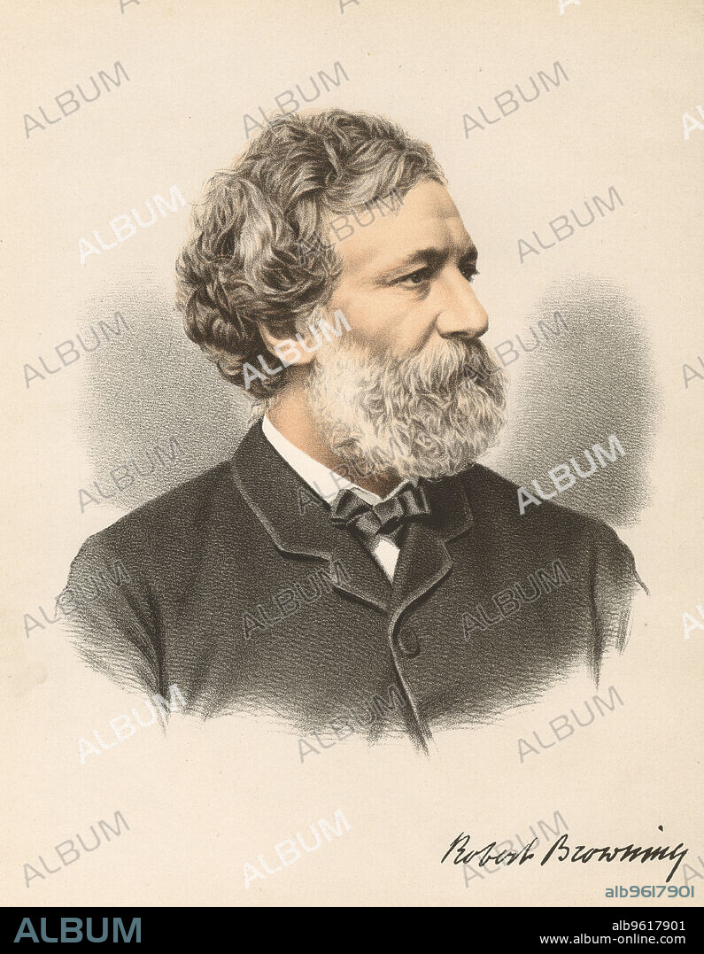 ANON. Robert Browning, English poet and dramatist, c1880. Born in Camberwell, London, Browning (1812-1889) published his first poem'Pauline in 1833 and achieved his first critical success with the long dramatic poem Paracelsus in 1835.  In 1846 he eloped with the poet Elizabeth Barrett and they settled in Italy. From The Modern Portrait Gallery, published by Cassell, Petter and Galpin. (London, c1880).