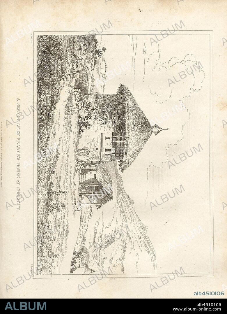 A Sketch of Mr. Pearce's House at Chelicut, View of a traditional round house, with two warriors in front, after p. 262, p. 311, Salt, Henry (del.); Heath, C. (sculp.), 1814, Henry Salt: A voyage to Abyssinia, and travels into the interior of that country, executed under the orders of the British government, in the years 1809 and 1810: in which are included, an account of the Portuguese settlements on the east coast of Africa, visited in the course of the voyage: a concise narrative of late events in Arabia Felix: and some particulars respecting the aboriginal African tribes, extending from Mosambique to the borders of Egypt: together with vocabularies of their respective languages. London: Rivington, 1814.