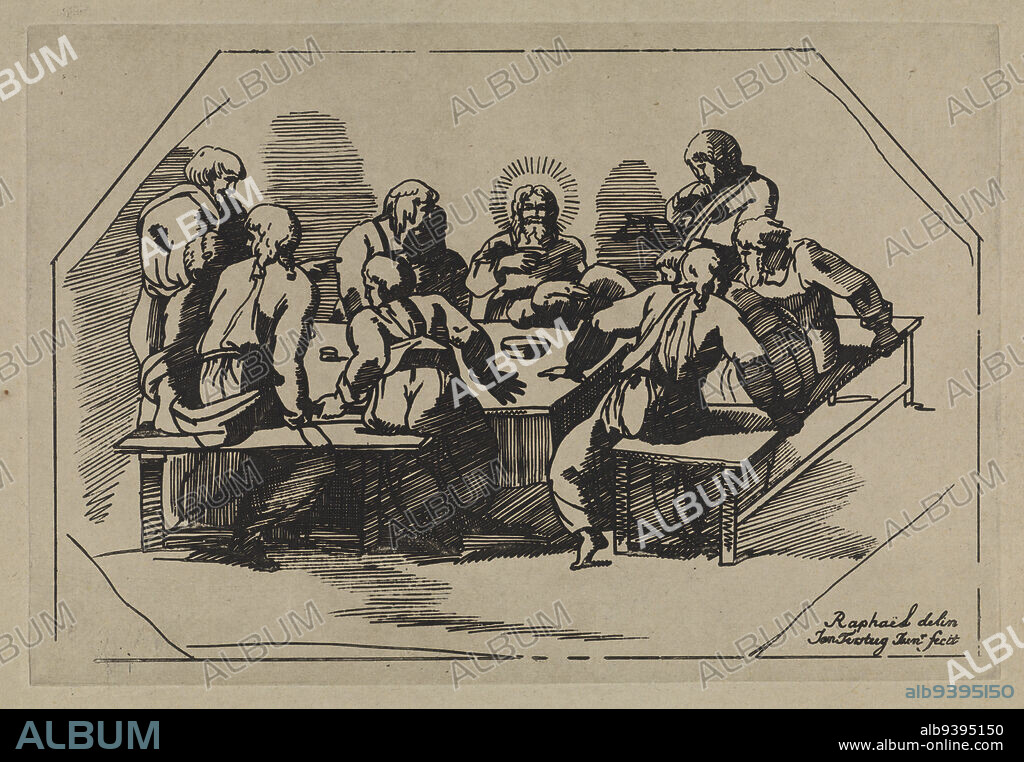 The last supper of Christ with his disciples. The disciples are frightened by the announcement that one of them will betray Christ., Last Supper, print maker: Jan Tersteeg, (mentioned on object), Rafaël, (mentioned on object), Amsterdam, 1765 - 1807, paper, etching, h 226 mm × w 331 mm.