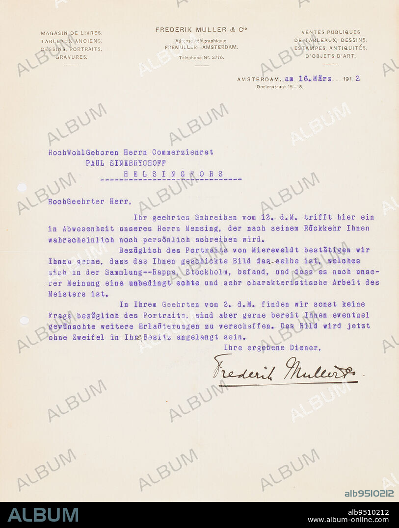 Correspondence, Letter from Frederik Muller to Paul Sinebrychoff 16.3.1912, Amsterdam.
