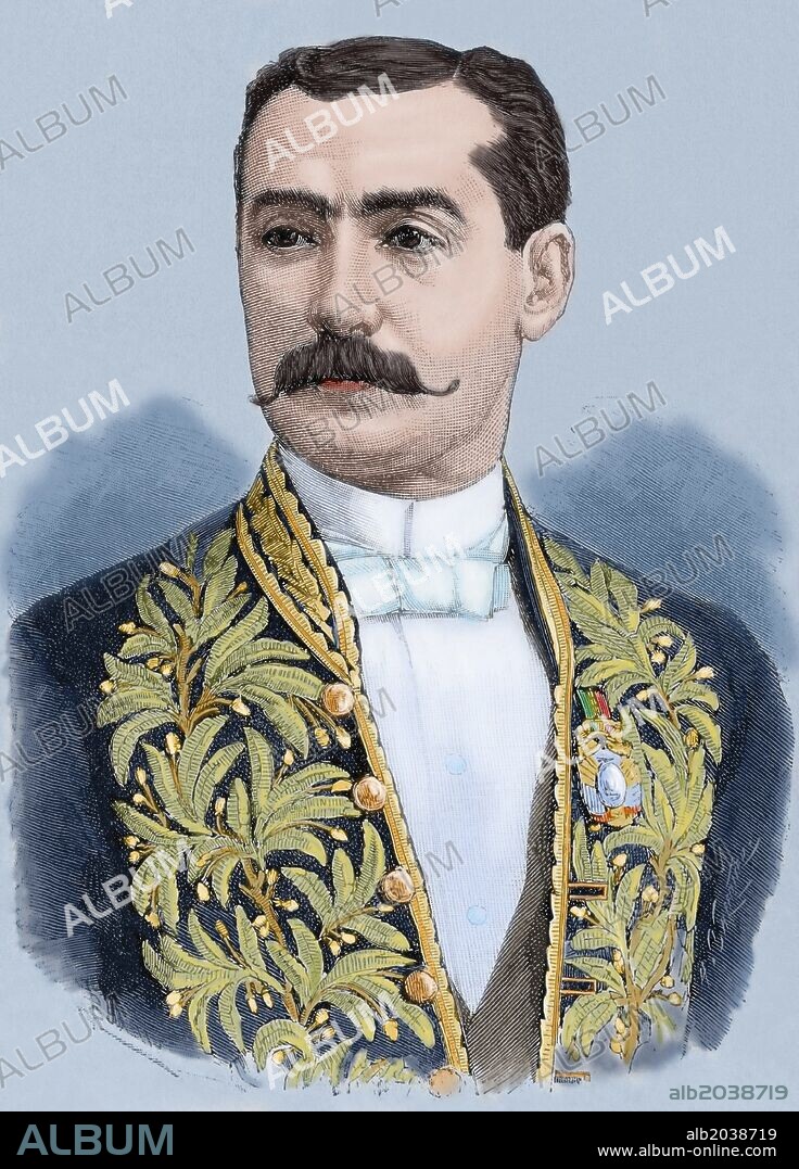 ENRIQUE BORDA (n.1849). Jurisconsulto, periodista y político boliviano. Miembro del Congreso de 1884, secretario general del Estado, Ministro de Bolivia cerca de la Corte de España. Grabado coloreado. "La Ilustración Española y Americana", 1889.