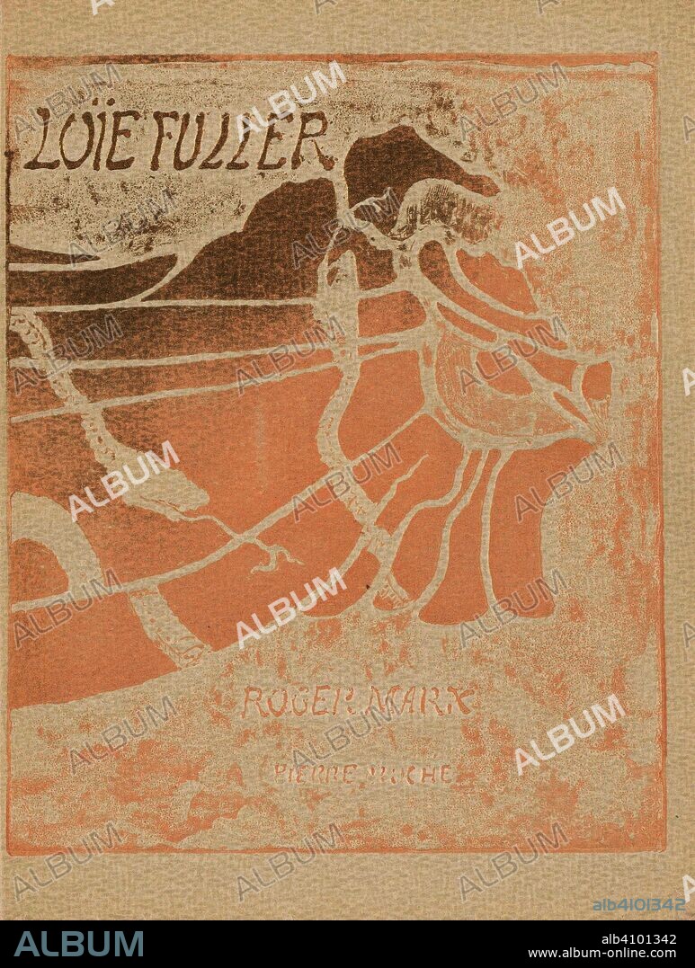 Artists' book La Loïe Fuller by Roger Marx. Dimensions: 27.2 cm x 20.6 cm. Seventeen gypsographs, coloured by hand with watercolour, and letterpress printing in black on wove paper, unbound in a paper cover with a coloured gypsograph, in a two-volume slipcase.
