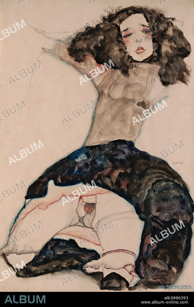 EGON SCHIELE. Schwarzhaariges Mädchen mit hochgeschlagenem Rock Black-Haired Girl with Lifted Skirt. Date/Period: 1911. Drawing. Height: 558 mm (21.96 in); Width: 379 mm (14.92 in).