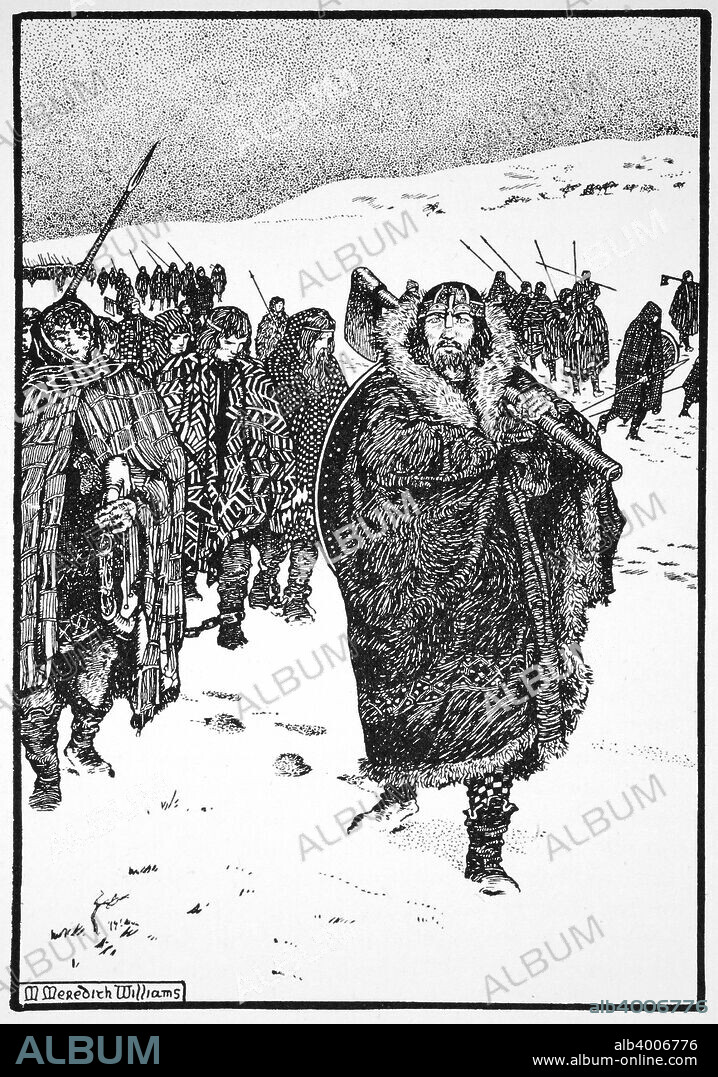 'Murtough on his journey with the King of Munster in fetters', 941 (1913). Muirchertach mac Neill (d943), King of Ailech, took Cellachan Caisil (d954), King of Munster, hostage as a demonstration of his power. Illustration from The Northmen in Britain by Eleanor Means Hull, published 1913.