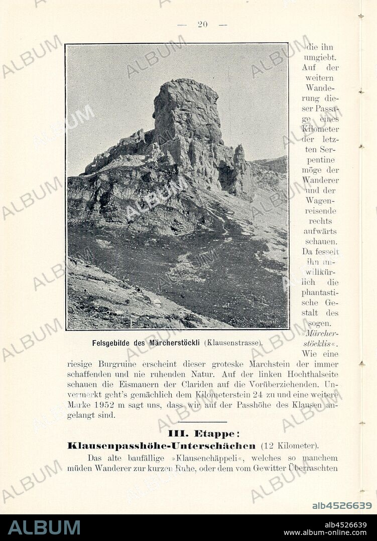 Felsgebilde des Märcherstöckli (Klausenstrasse), Märcher Stöckli near the Klausen Pass, Signed: Brooke & Kuhn, Fig. 18, p. 20, Brooke & Kuhn (cliché), 1900, J. Knobel: Illustrierter Reisebegleiter für die Alpenstrasse des Klausen und ihre Zufahrtslinien. Glarus: Buchdruckerei J. Spälti, 1900.