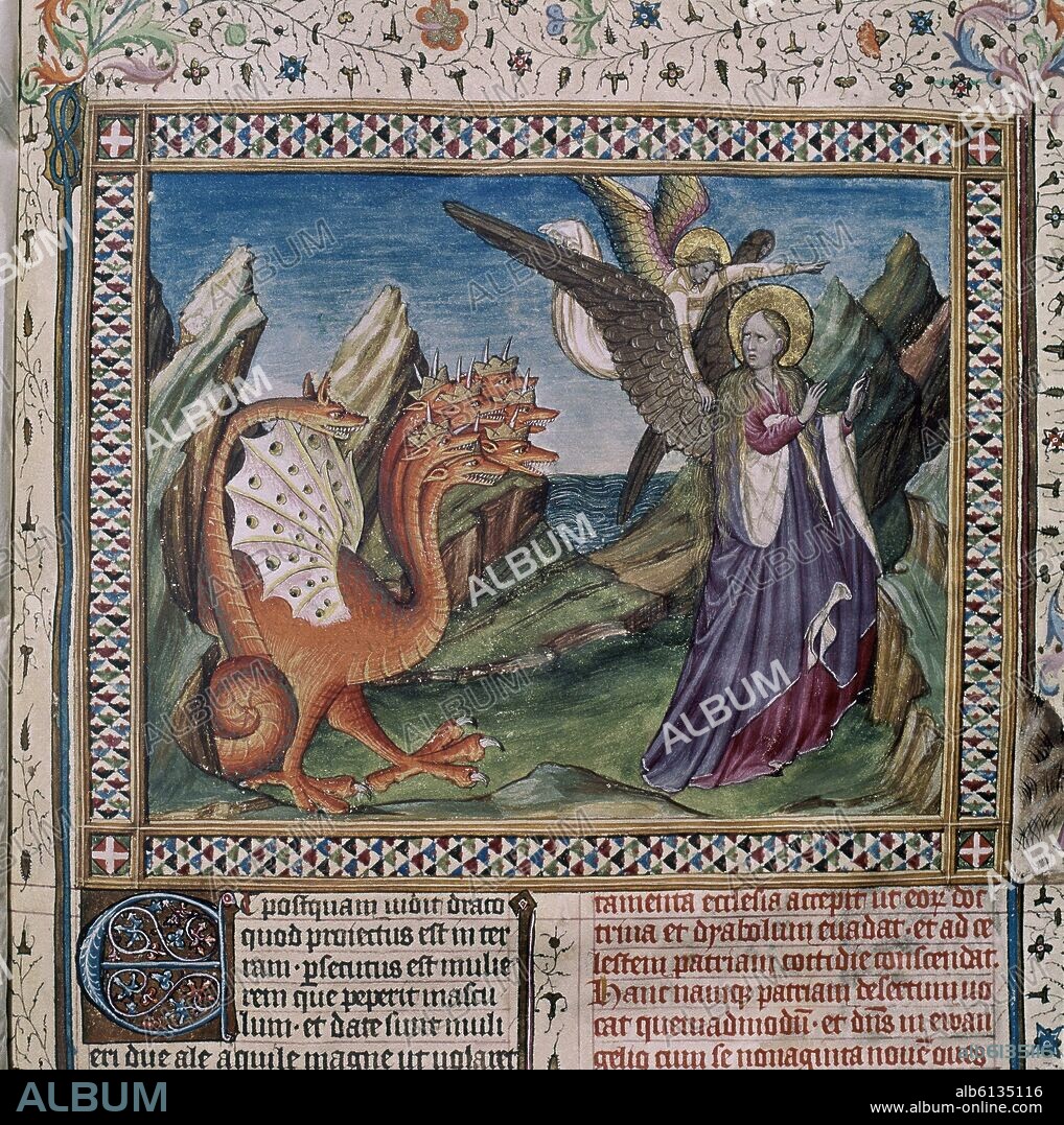 JEAN BAPTEUR-PERONET LAMY-JEAN COLOMBE. APOCALIPSIS FIGURADO DE LOS DUQUES DE SABOYA (1435-1490) - DRAGON DE 7 CABEZAS - SANTA Y ANGEL - SIGLO XV.