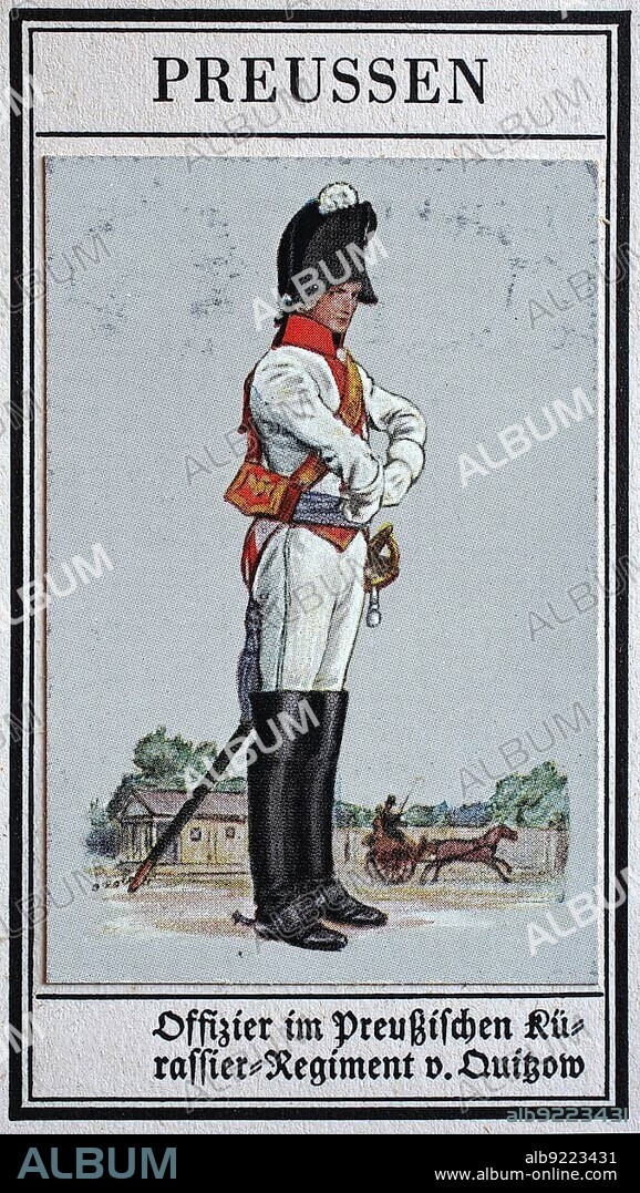 German Uniforms of the 19th century, Lines, Cavalry: Prussia, Officer in the Prussian Cuirassier (armoured troop type of heavy cavalry) -Regiment von Quitzow, Historical, digitally restored reproduction of a public domain collector's picture from the early 20th century