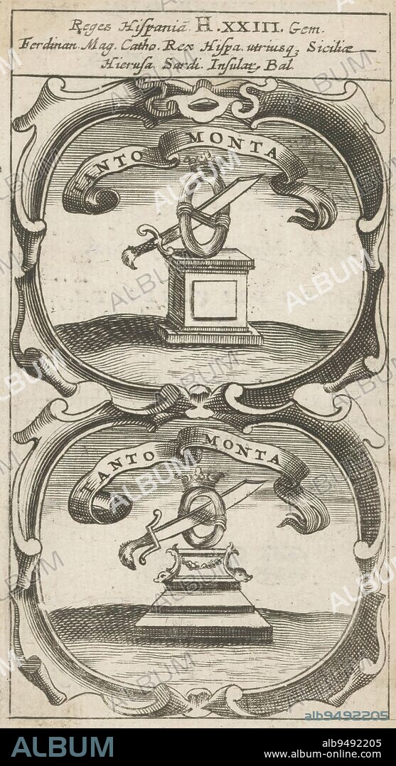 Two halves become one, Tanto Monta / Tanto Monta (title on object), Symbola Divina et Humana Pontificum Imperatorum Regum (series title), An emblem with two similar representations. On a pedestal is a crowned wreath. The wreath consists of two equal halves. A sword is about to make it into one. These are currencies of Ferdinand II of Aragon., print maker: anonymous, after print by: Aegidius Sadeler (II), 1666, paper, engraving, letterpress printing, height 122 mm × width 68 mm.