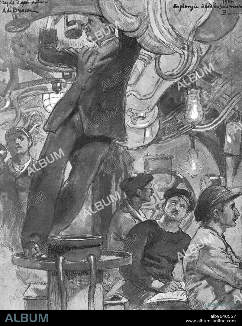 ALEXIS DE BROCA. 'En plongee : le coup de periscope; le sous-marin fuit, apres avoir attaque', From "Collection de la Guerre IV. L'Illustration Tome CXLVIII. La Guerre Juillet, Aout, Septembre, Octobre, Novembre, Decembre 1916". (While diving: view through a periscope; as a submarine flees, after attack).