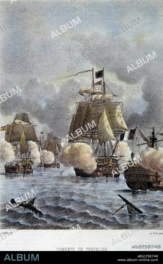 TRAFALGAR, BATALLA DE. BATALLA NAVAL GANADA POR LA FLOTA BRITANICA MANDADA POR HORACIO NELSON SOBRE LA FRANCO-ESPAÑOLA, AÑO 1805. GRABADO DE J. SERRA.