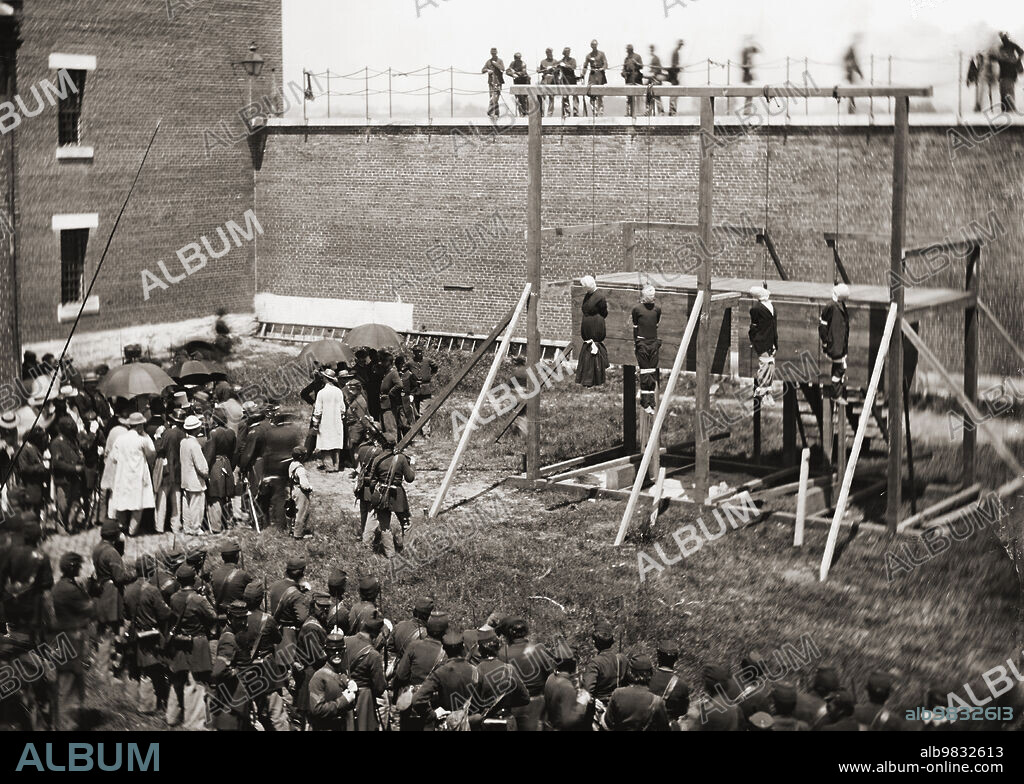 Mary Surratt, Lewis Powell, David Herold, and George Atzerodt hanging from the gallows at Fort McNair, Washington D.C., July 7, 1865. They had been convicted of being part of the conspiracy which resulted in the assassination of President Abraham Lincoln by John Wilkes Booth on April 14, 1865.