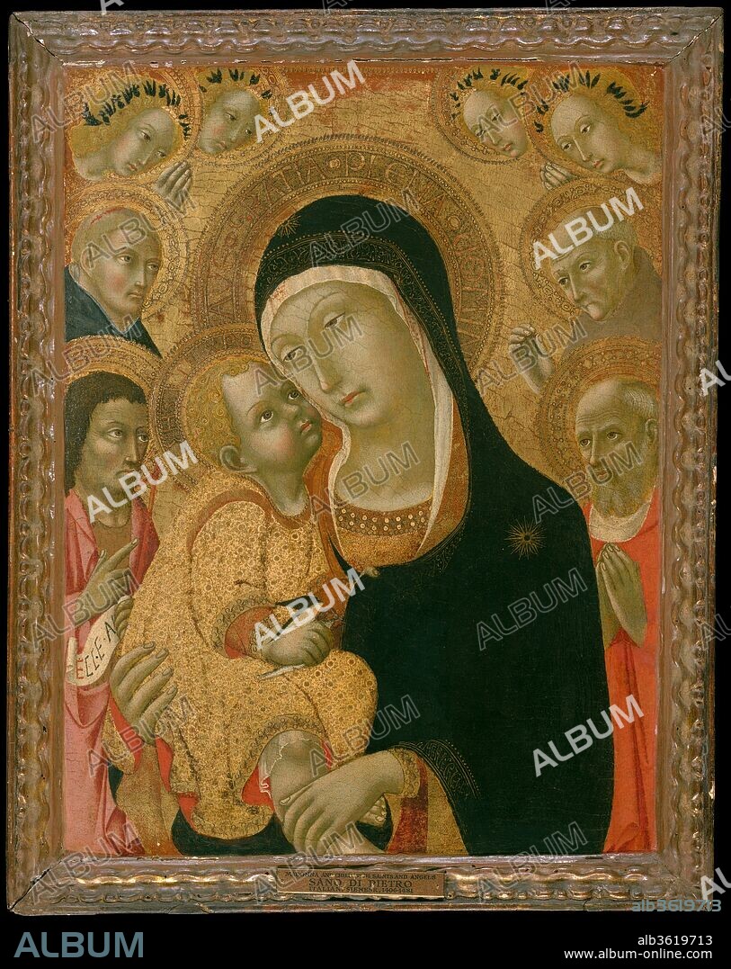 Madonna and Child with Saints John the Baptist, Jerome, Peter Martyr, and Bernardino and Four Angels. Artist: Sano di Pietro (Ansano di Pietro di Mencio) (Italian, Siena 1405-1481 Siena). Dimensions: Overall, with engaged (not original) frame, 28 1/8 x 22 1/8 in. (71.4 x 56.2 cm); painted surface 24 3/4 x 18 5/8 in. (62.9 x 47.3 cm). Date: ca. 1425-before ca. 1467.
Sano di Pietro was a popular and highly prolific Sienese painter and illuminator, whose workshop produced numerous devotional images of the Madonna and Child, frequently shown in bust-length and accompanied by saints and angels. The close stylistic affinities between works attributed to Sano and the enigmatic Sienese artist known as the Osservanza Master may indicate that they represent a single artistic identity. It is also possible that the paintings attributed to the Osservanza Master are the product of a collaborative workshop to which these artists belonged. 
The Christ Child presses his cheek against the veil covering the Virgin's cheek and holds a bird which symbolizes the Resurrection. They are accompanied by Saint John the Baptist holding a red cross and a scroll inscribed "ECCE A.," Saint Peter Martyr in a Dominican habit, Saint Jerome dressed as a cardinal, and San Bernardino bearing the monogram of Christ engraved on a gold tablet, along with four angels. The design for the heads of the Virgin and Child reappears with some frequency in paintings by Sano's workshop, suggesting the use of a cartoon (full-scale drawing) to transfer the image.