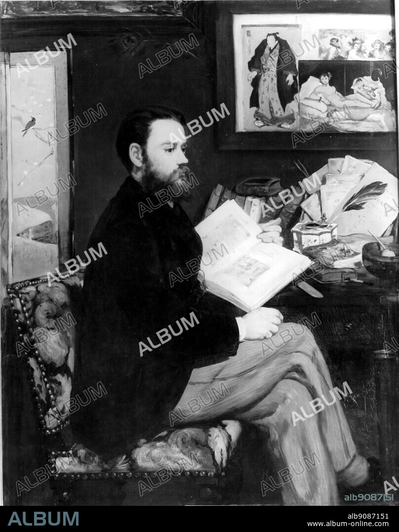 Portrait of Emile Zola by Manet. Note the Japanese screen, print and ink-well and the obligatory peacock feathers.