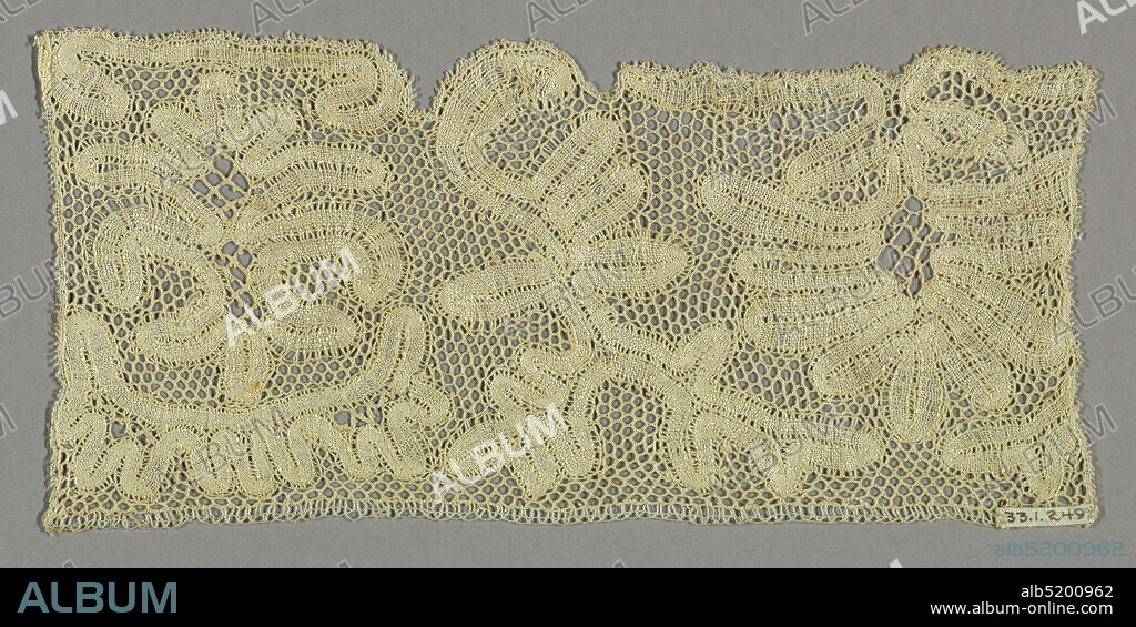 Fragment, Medium: linen Technique: bobbin made continuous tape with net added, Scrolling tape forming leaf motifs. Similar to Eastern European work., 19th century, lace, Fragment.