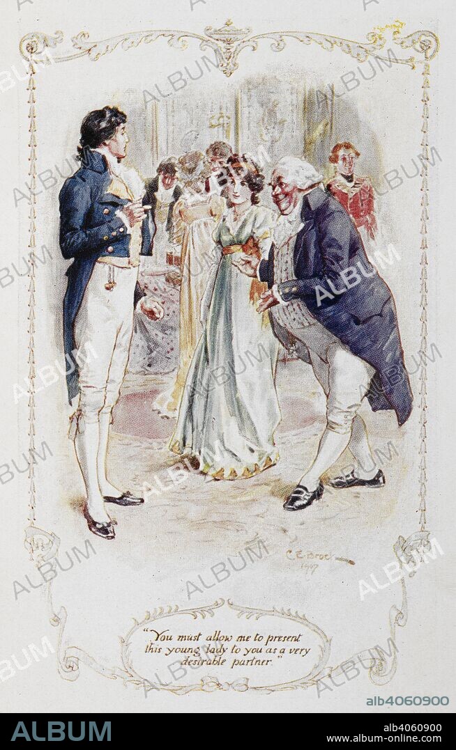 JANE AUSTEN and CHARLES EDMUND BROCK. Sir William Lucas: `Mr. Darcy, you must allow me to present this young lady to you as a very desirable partner (Elizabeth Bennet).'  Illustration to 'Pride and Prejudice', the novel by Jane Austen. Pride and Prejudice. London : J. M. Dent & Sons, 1907. Source: 012208.g.2/3 opposite page 22. Language: English.