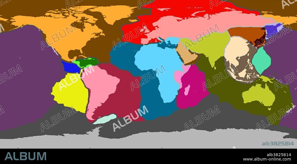Earth's tectonic plates. The Earth's surface is divided up into several major plates. These are rocky slabs that float and move on the more fluid layer beneath them. The boundaries between plates are geologically active areas where the majority of the world's volcanoes and earthquakes occur. Plate tectonics, the study of the plates, has revealed a huge amount about the Earth. For instance, South America's east coast appears to fit into Africa's west coast because they were once joined; the plates that hold them are moving apart. Also, where the Indian plate collided with the Eurasian plate, the Himalayas were formed. The seven major plates shown here include the Pacific Plate (dark purple), North American Plate (orangey-brown), African Plate (blue), Eurasian Plate (red), South American Plate (pink), Indo-Australian Plate (olive green), and the Antarctic Plate (grey). Some other plates include the Arabian Plate (brown), Nazca Plate (yellow), Cocos Plate (cobalt), Caribbean Plate (bright green) Scotia Plate (off-white), Philippine Plate (turquoise), Somali Plate (bright purple), Indo-Chinese Plate (greyish-brown), Amur Plate (dark brown), and the adjacent Okhotsk Plate (purplish-blue).