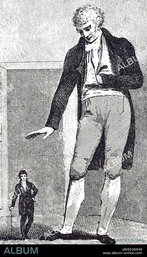 Illustration of Joseph Boruwalski and giant Patrick Cotter O'Brien 1805. Patrick O'Brien (1760-1806), born Patrick Cotter in Kinsale, Ireland in 1760, grew to the height of over eight foot and became known as the Irish Giant and the Bristol Giant. The dwarf Joseph Boruwalski (1739-1837) was born in Poland in 1739, adopted by a local official when he was nine and was later acquired by Countess Humiecka. When he was fifteen she took him to Vienna, and in 1760 to Paris where he started his career as a curiosity. He was presented to the future King George IV.