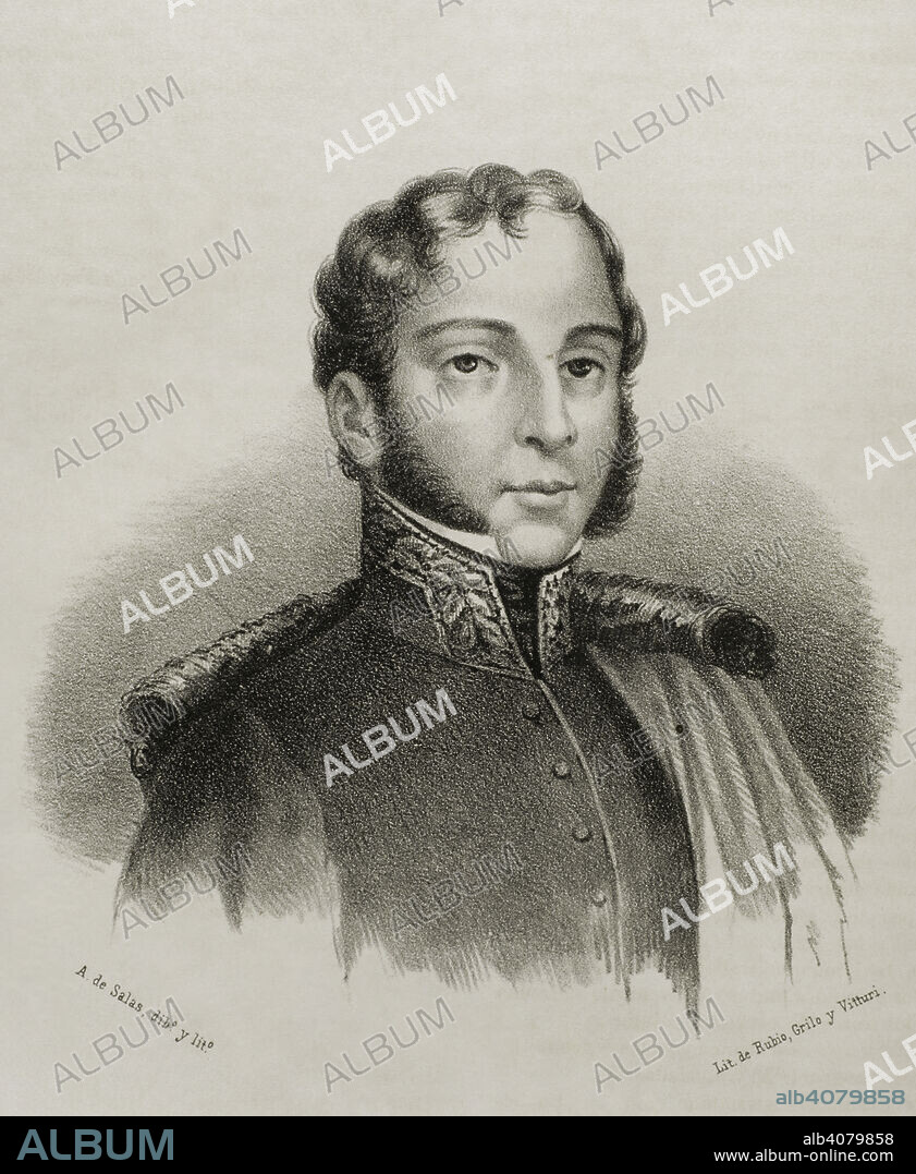 Juan López Pinto (1788-1831). Militar español nacido en Cartagena, miembro del Cuerpo de Artillería. Participó en la Guerra de Independencia Española. Fusilado junto al general Torrijos en la playa de Málaga. Retrato. Dibujo por A. de Salas. Litografía. Crónica General de España, Historia Ilustrada y Descriptiva de sus Provincias. Andalucía, 1869.