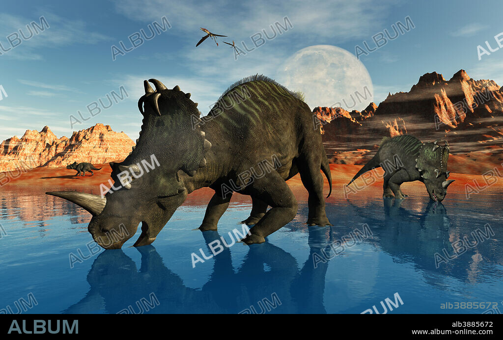 Centrosaurus dinosaurs grazing at a watering place.