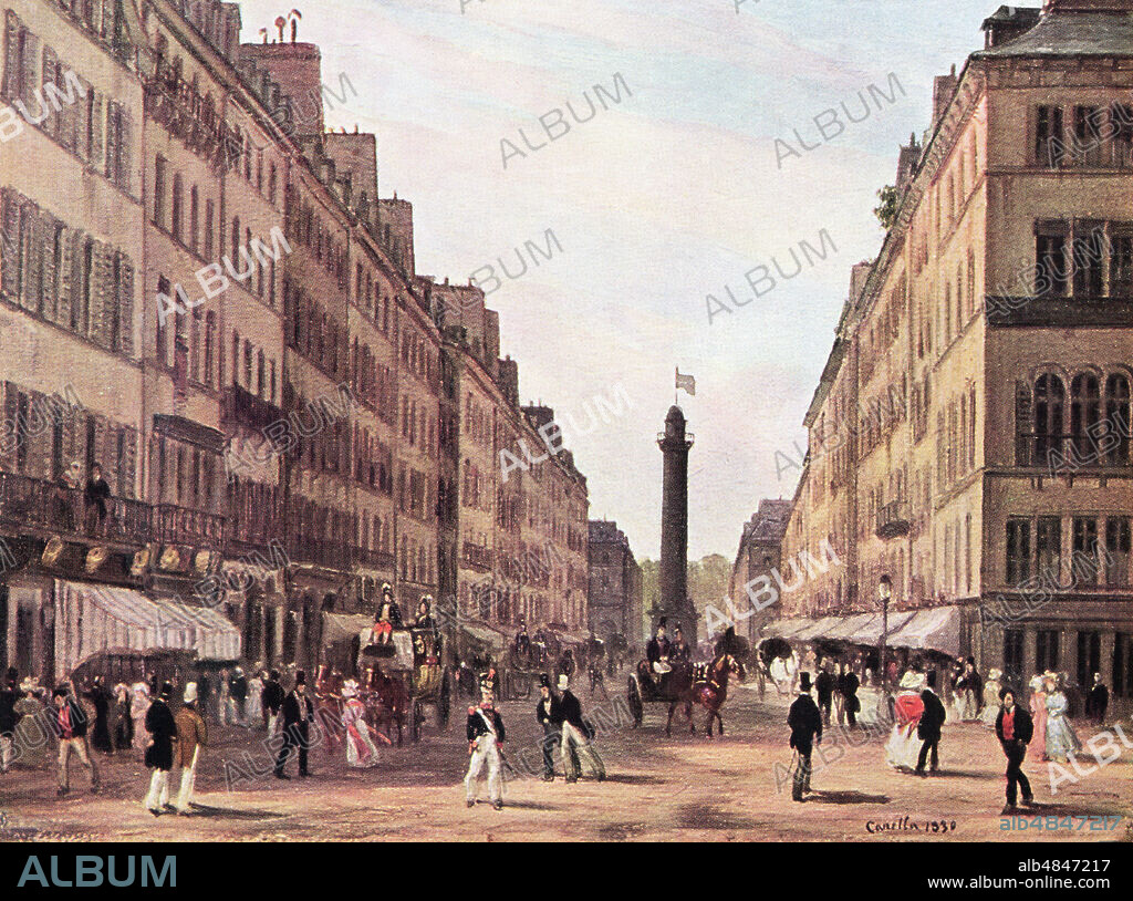 La Rue de la Paix, with the Memorial column at Place Vendome in the background, Paris, France in the 19th century.  After the painting by J. Canella.  From L'Illustration, published 1936.