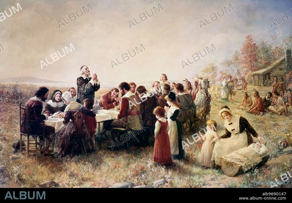 Pilgrim Fathers - The First Thanksgiving at Plymouth by Jennie A. Brownscombe (1850-1936). ©TopFoto.