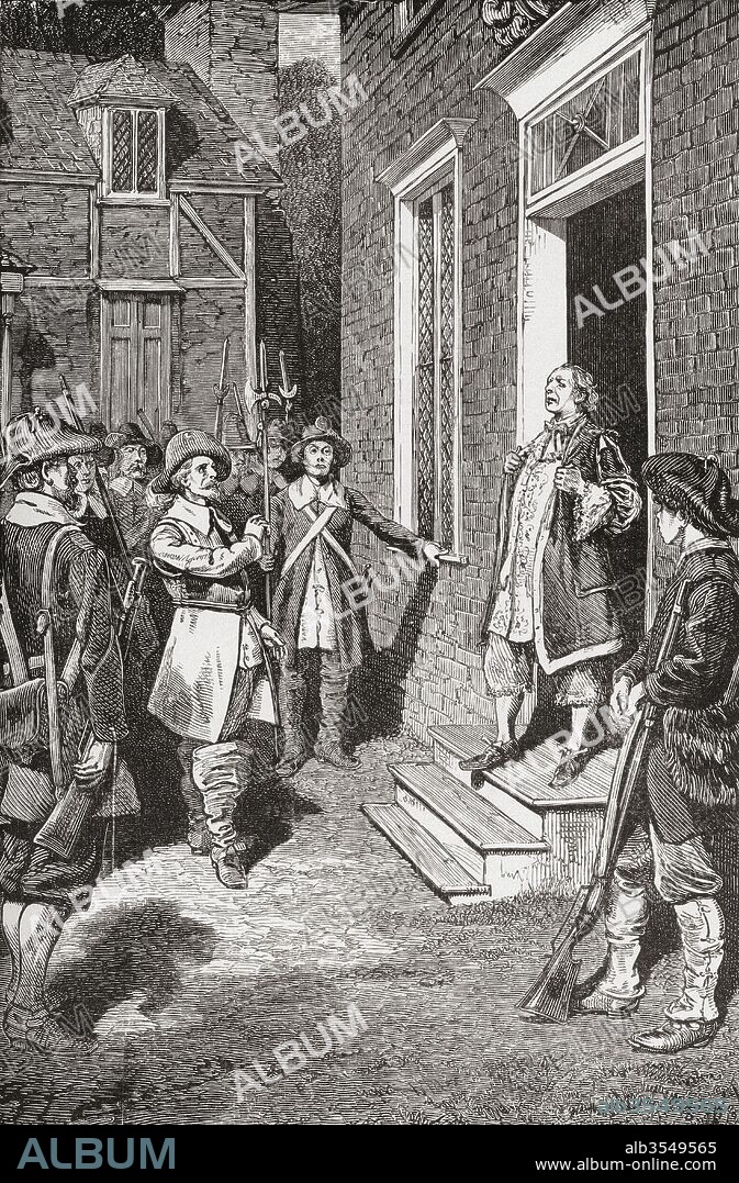 Sir William Berkeley, 1605 – 1677, colonial governor of Virginia, and one of the Lords Proprietors of the Colony of Carolina, America, seen here confronting Nathaniel Bacon (1647 – 1676) a colonist of the Virginia Colony, famous as the instigator of Bacon's Rebellion of 1676. From The History of Our Country, published 1899.