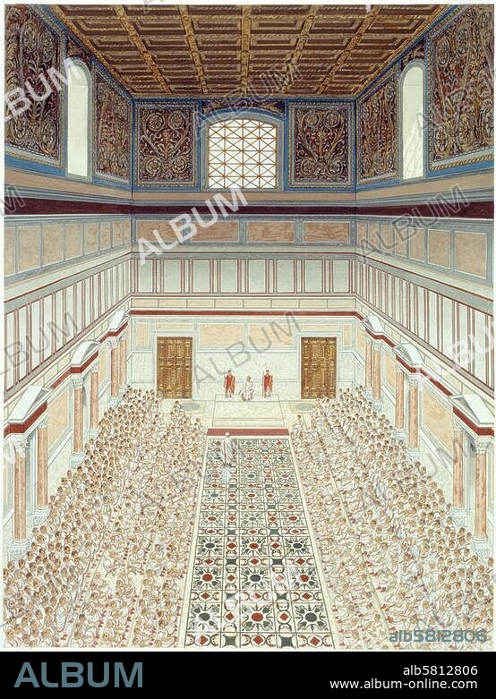 Italy, Rome, Curia Julia on the Forum Romanum. (also known as Senate House, meeting place of the Senate, replacing the original building constructed under Tullus Hostilius). Reconstruction: view of the interior of the Curia Julia during a meeting of the Senate. Watercolour, undated, by Peter Connolly (1935-2012).
