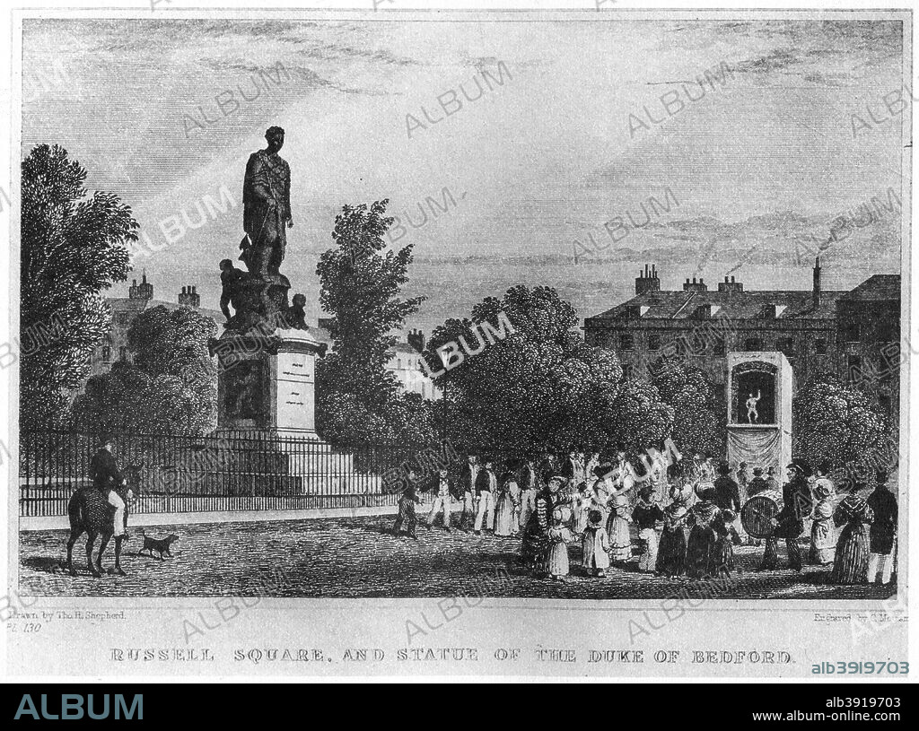 Russell Square and the statue of the Duke of Bedford, London, 19th century (1907). Russell Square is named after the surname of the Dukes of Bedford, on whose land it was laid out. The statue, by Richard Westmacott, is of Francis Russell, the 5th Duke. A print from The History of the Squares of London Topographical and Historical by E Beresford Chancellor, Kegan Paul, Trench, Trubner and Co Ltd, London, 1907.