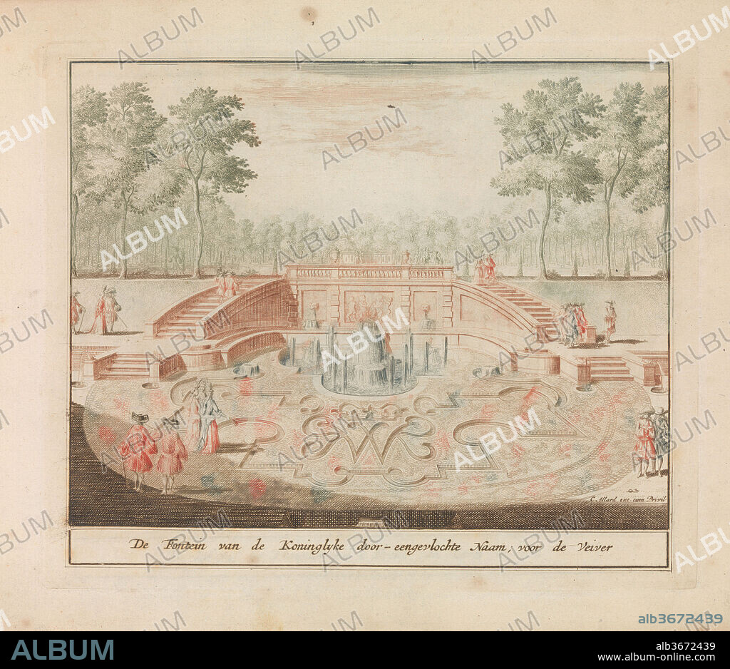 'De Fontein van de Koninglijke door-eengevlochte Naam; voor de veiver', in: Tooneel Der Voornaamste Nederlands Huizen, En Lust Hoven, Naar T Leven Afgebeeld. Dimensions: Plate: 6 11/16 × 8 1/16 in. (17 × 20.4 cm). Engraver: Engraved by Lorenz Scherm (Dutch, active 1619-1707). Publisher: Carel Allard (Dutch, Amsterdam 1648-ca. 1709 Amsterdam). Date: n.d..
Depiction of the fountain by the kings monogram in front of the pond in the gardens of the Loo Palace. Part of a series of country estates and pleasure palaces of the Netherlands published by Carel Allard at the end of the seventeenth or very beginning of the eighteenth century.