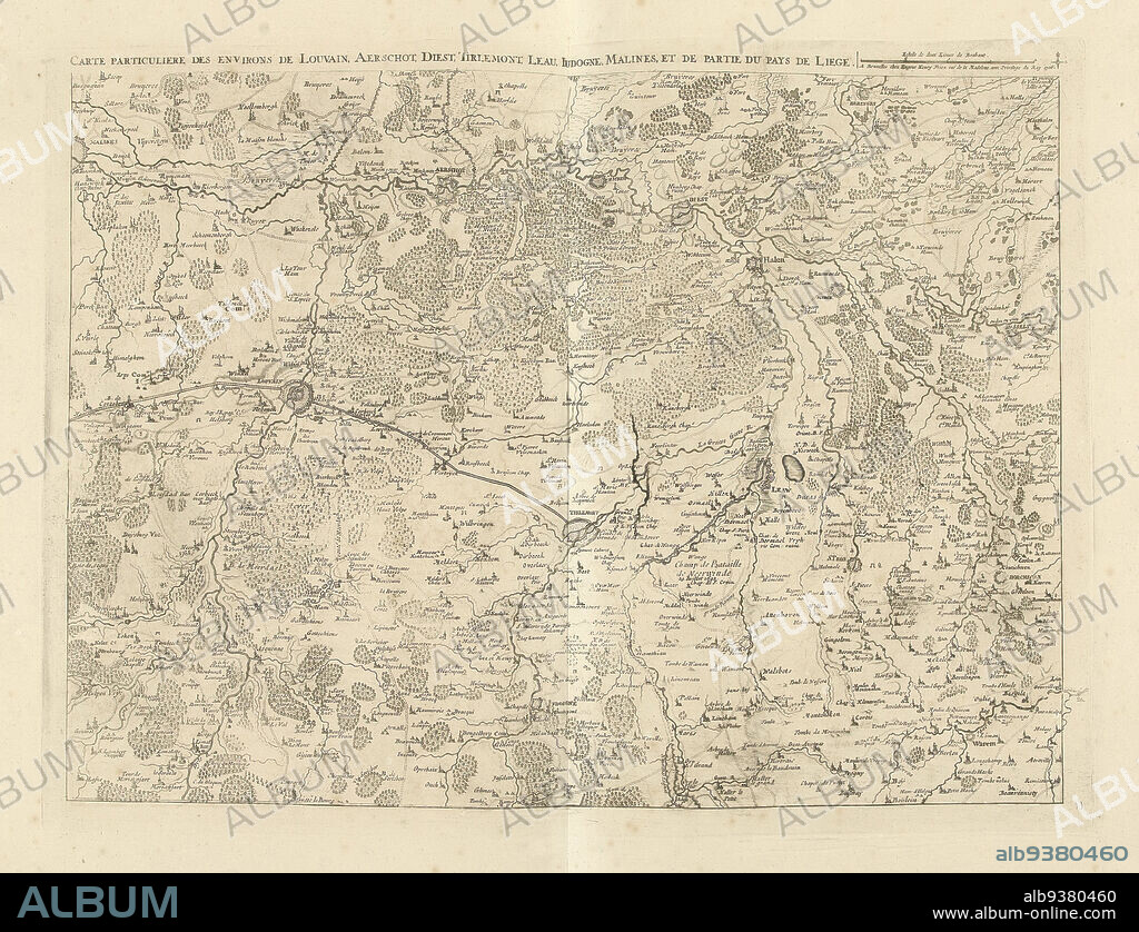 Map of Brabant, 1706, Carte particuliere des environs de Louvain, Aerschot, Diest, Tirlemont, Leau, Judogne, Malines, et de partie du Pays de Liege (title on object), Map of part of Flemish Brabant with the towns of Leuven, Aarschot, Diest, Tienen, Zoutleeuw, Jodoigne, Mechelen and part of the country of Liege, 1706. Part of a bundled collection of plans of battles and cities renowned in the War of the Spanish Succession. This plate is among the first 24 plates that make up a very large map of the Southern Netherlands., print maker: Jacobus Harrewijn (attributed to), publisher: Eugene Henry Fricx (mentioned on object), Brussels, 1706, paper, etching, engraving, height 432 mm × width 568 mm.