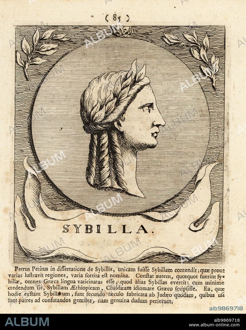 Portrait of a Sibyl, female prophet or oracle of Ancient Greece. Sybilla. Abyssinian Sibyl. Copperplate engraving by Pieter Bodart (1676-1712) from Henricus Spoors Deorum et Heroum, Virorum et Mulierum Illustrium Imagines Antiquae Illustatae, Gods and Heroes, Men and Women, Illustrated with Antique Images, Petrum, Amsterdam, 1715. First published as Favissæ utriusque antiquitatis tam Romanæ quam Græcæ in 1707. Henricus Spoor was a Dutch physician, classical scholar, poet and writer, fl. 1694-1716.