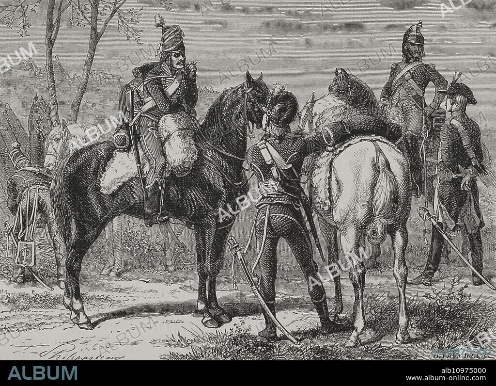 Uniformes de los soldados de caballería de la República francesa (1792-1804). Dibujo por Philippoteaux. Grabado. "Historia de la Revolución Francesa". Tomo I, 1876.