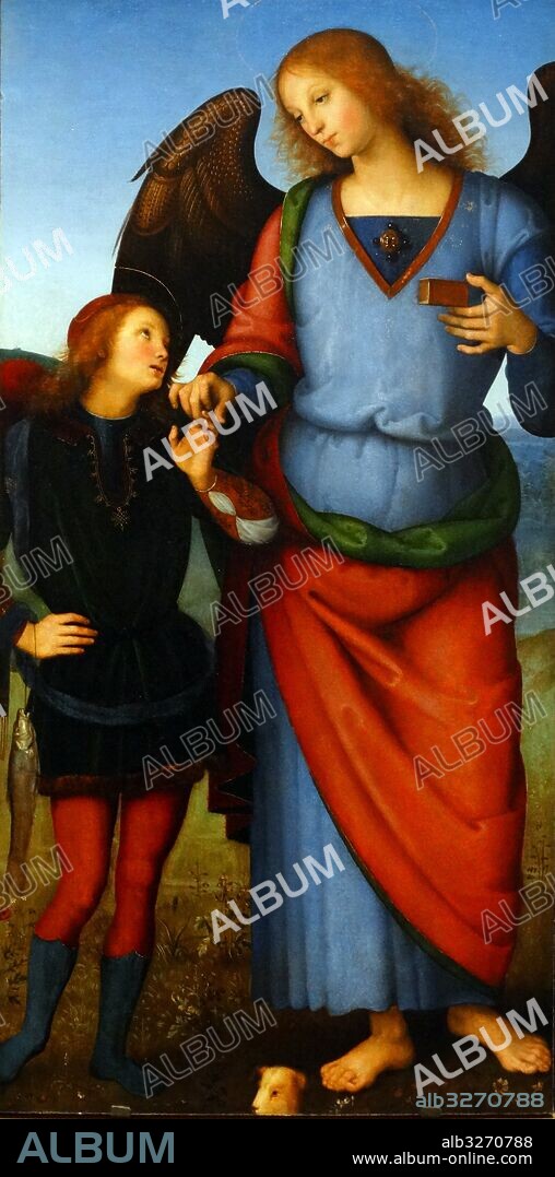 Detail from the painting titled 'The Virgin and Child with an Angel, the Archangel Raphael with Tobias and the Archangel Michael' by Pietro Perugino (1446-1523) an Italian Renaissance painter of the Umbrian school. Dated 16th Century.