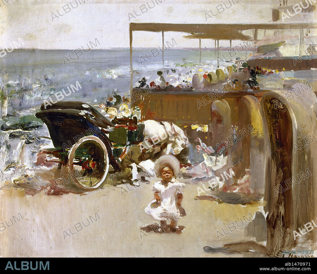 ARTE S. XX. ESPAÑA. JOSE NAVARRO LLORENS (1867-1923). Pintor español. "COCHE DE CABALLOS Y NIÑO EN LA PLAYA" (1908-1912). Oleo sobre lienzo. Colección Banco Central Hispano.