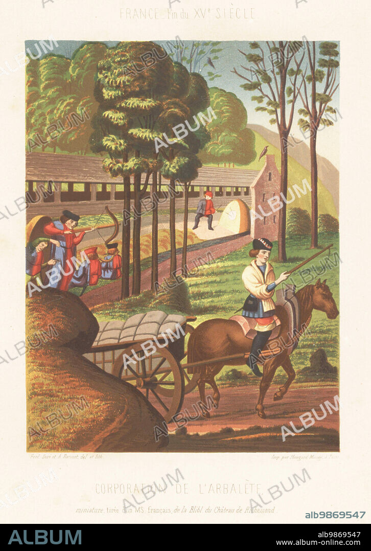 Crossbow guild, France, late 15th century. A tutor aims a crossbow at a target in front of pupils. Corporation de l'Arbalete. France, fin du XVe siecle. Taken from a miniature in a French manuscript in the Bibliotheque du Chateau de Richemond. Chromolithograph by Ferdinand Sere and Auguste Racinet from Charles Louandres Les Arts Somptuaires, The Sumptuary Arts, Hangard-Mauge, Paris, 1858.