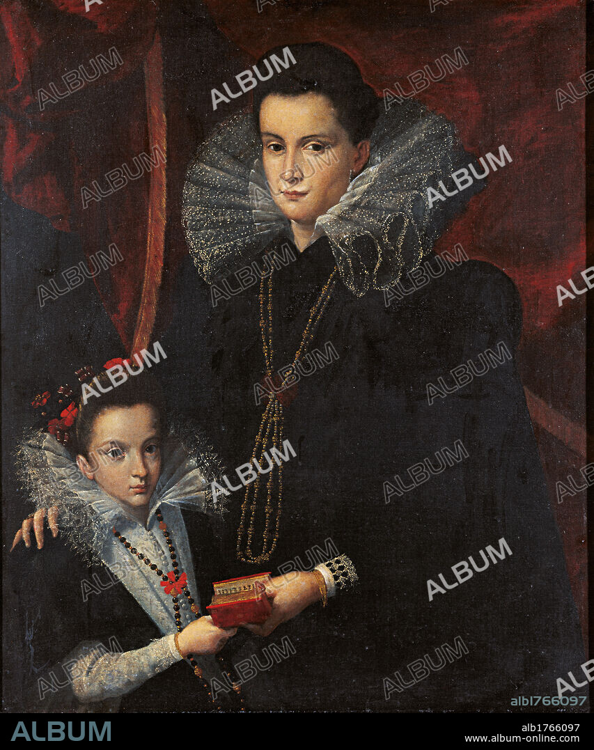 Portrait of a Noblewoman with a Young Girl, by Lavinia Fontana, 1595 about, 16th Century, oil on canvas, cm 116 x 98. Italy, Emilia Romagna, Bologna, National Picture Gallery. All. Mother daughter gorget laces necklaces bracelets ribbons strips curtain velvet booklet black white red purple gold. Authorization required for non editorial use.