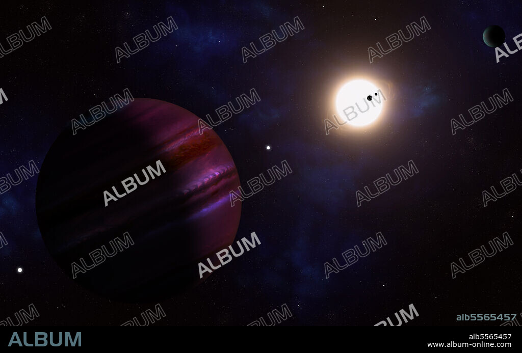 Kepler 11 has been discovered to host a solar system of at least six planets with comparable sizes to the Earth. This high number makes the solar system unique among the ones discovered so far. The planets are extremely close to each other, and all are more massive than Earth. This system would fit within the orbit of Venus. The planet furthest away, Kepler 11g is only 69 million km away from the star. How the planets can be so close to each other, and the star is a fact that strongly challenges our models of how solar systems form. All the planets have low densities and seem to contain a significant amount of light gases. Planets from left to right: Kepler 11g, 11e, 11f, 11d, 11b, 11c.