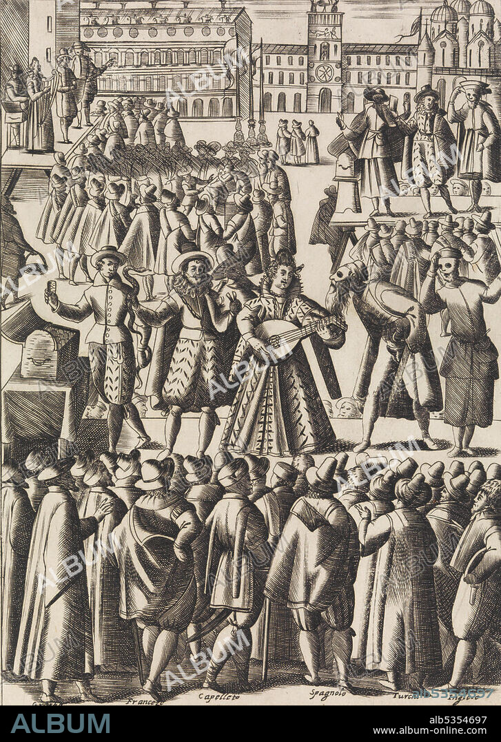 GIACOMO FRANCO. Intartenimento che dano ogni giorno li Ciarlatani in Piazza di S. Marco al Populo, d'ogni natione che mattina e sera ordinariamente, ui concore. [Entertainment given daily by the charlatans in Piazza San Marco to the people of every nation, who gather there in the mornings and evenings]. From Habiti d'huomeni et donne Venetiane, [The Customs of Venetian men and women].