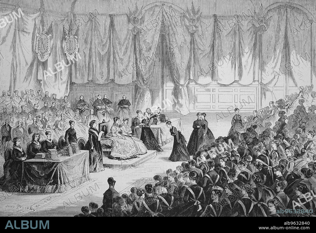 Empress Eugenie de Montijo, Maria Eugenia Ignacia Agustina de Palafox Portocarrero de Guzman y Kirkpatrick presides over the award ceremony at the Imperial Institution of Honor Region in Saint Denis, 1869, France, Historical, digitally restored reproduction of an original artwork from the 19th century, exact original date unknown.