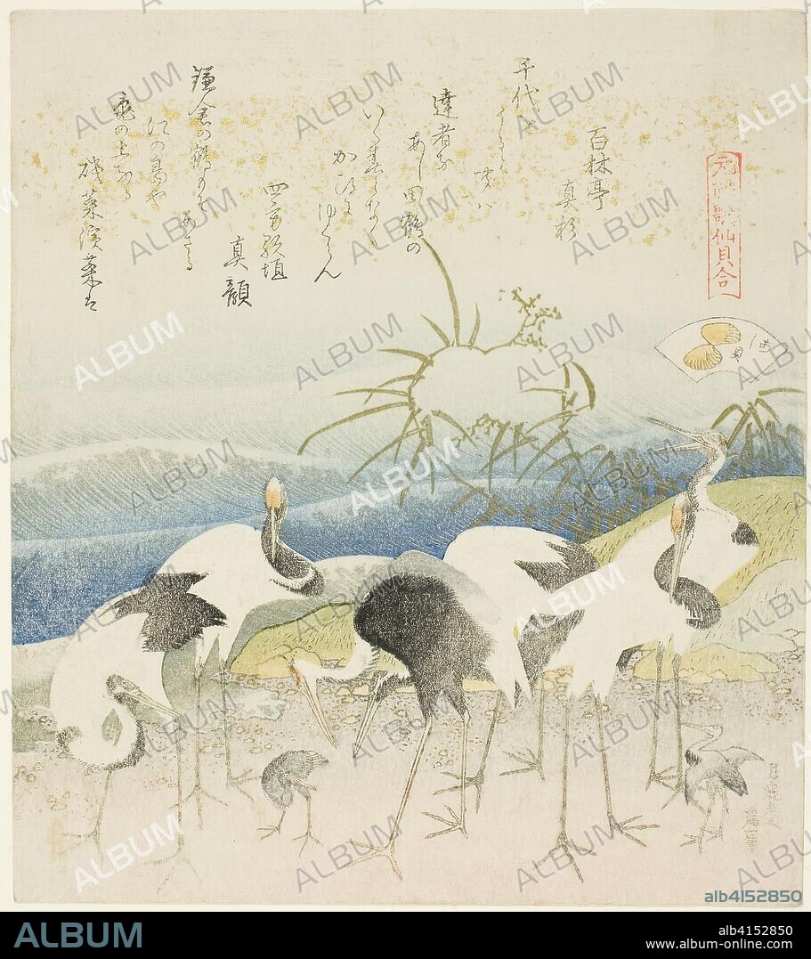 Cranes by the Shore, illustration for The Leg Shell (Ashigai), from the series "A Matching Game with Genroku-period Poem Shells (Genroku kasen kai awase)". Katsushika Hokusai ?? ??; Japanese, 1760-1849. Date: 1816-1826. Dimensions: 20.3 x 17.8 cm. Color woodblock print with metallic pigments; surimono shikishiban. Origin: Japan.