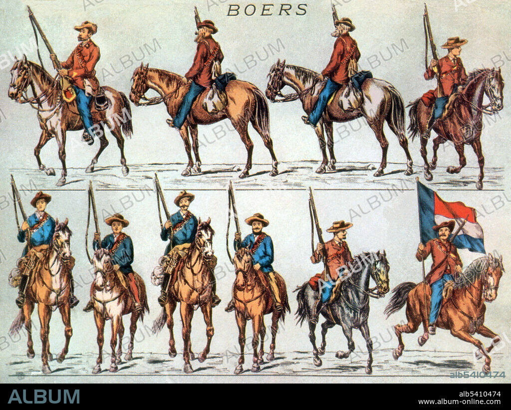 Boers refers to the descendants of Dutch-speaking settlers of the eastern Cape frontier in Southern Africa during the 18th and much of the 19th century. The term  also applied to those who left the Cape Colony during the 19th century to settle in the Orange Free State andTransvaal (together known as the Boer Republics). They emigrated from the Cape primarily to escape British rule and to get away from the constant border wars between the British imperial government and the indigenous peoples on the eastern frontier. The fiercely independent Boers had no regular army; when danger threatened, all the men in a district would form a militia organized into military units called commandos and would elect officers. Commandos being civilian militia, each man wore what he wished, usually everyday dark-grey, neutral-colored, or khaki farming clothes such as a jacket, trousers and slouch hat. Each man brought his own weapon, usually a hunting rifle, and his own horses. The average Boer citizens who made up their commandos were farmers who had spent almost all their working lives in the saddle, and, because they had to depend on both their horses and their rifles for almost all of their meat, they were skilled hunters and expert marksmen. No artist credited, undated.