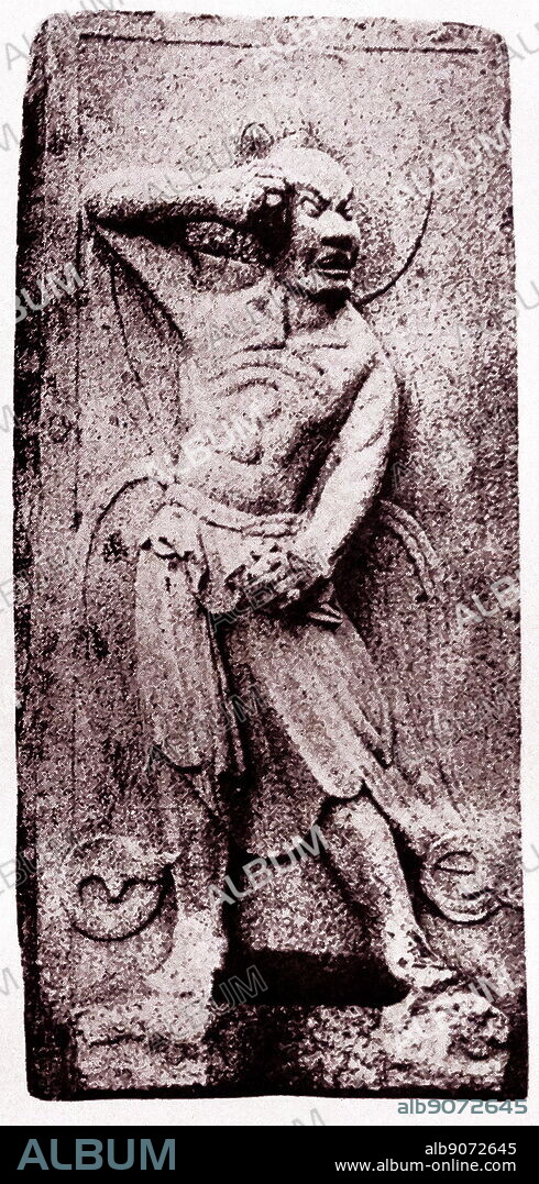 Granite: relief on the wall of the entrance to the Seok-gu-ram Grotto (Cave Temple), Kyeongju. The Keumgang-Yeoksa are regarded as supernatural beings in Buddhism that guard the gates of the temple. In Korea, similarities have been drawn between the posture of the Gate Guardians and the Taekwondo basic posture. Some claim that the very existence of these beings in Buddhism and depicted in every Buddhist branch in Asia is originally from the Greek legendary being: Heracles. The Seokguram grotto is registered as a UNESCO World Heritage and as the Korean National Treasure number 24. The Seokguram Grotto was initiated in 751 by King Kyeongdeok of Silla and completed by his son in 774 by King Hyegong of Silla. The Grotto was built to illustrate the moment when Sakyamuni achieved the Enlightenment. Sculpture from the time of Unified Silla (668 - 935).