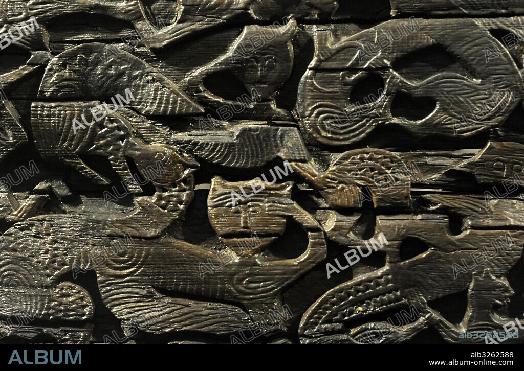 Viking carriage. Wood. 800 AD. Detail of the reliefs. Found in the Tomb of the Oseberg Ship. Viking Ship Museum. Oslo. Norway.