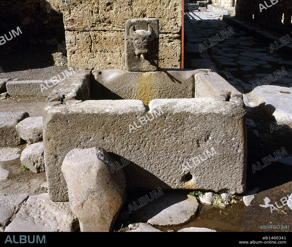 ARTE ROMANO. ITALIA. POMPEYA. Vista general de una FUENTE decorada con un pequeño relieve de una cabeza de toro, ubicada en la via de la Fortuna. La Campania.