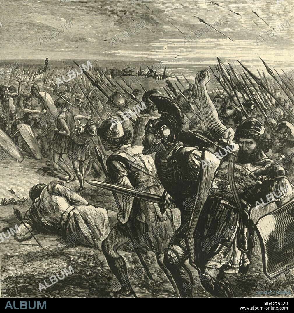 'The Battle of Marathon', 1890. Battle of Marathon in 490 BC was the first Persian invasion of Greece. Fought between  the citizens of Athens and a Persian army under orders of Darius I. From "Cassell's Illustrated Universal History, Vol. I - Early and Greek History", by Edmund Ollier. [Cassell and Company, Limited, London, Paris and Melbourne, 1890].