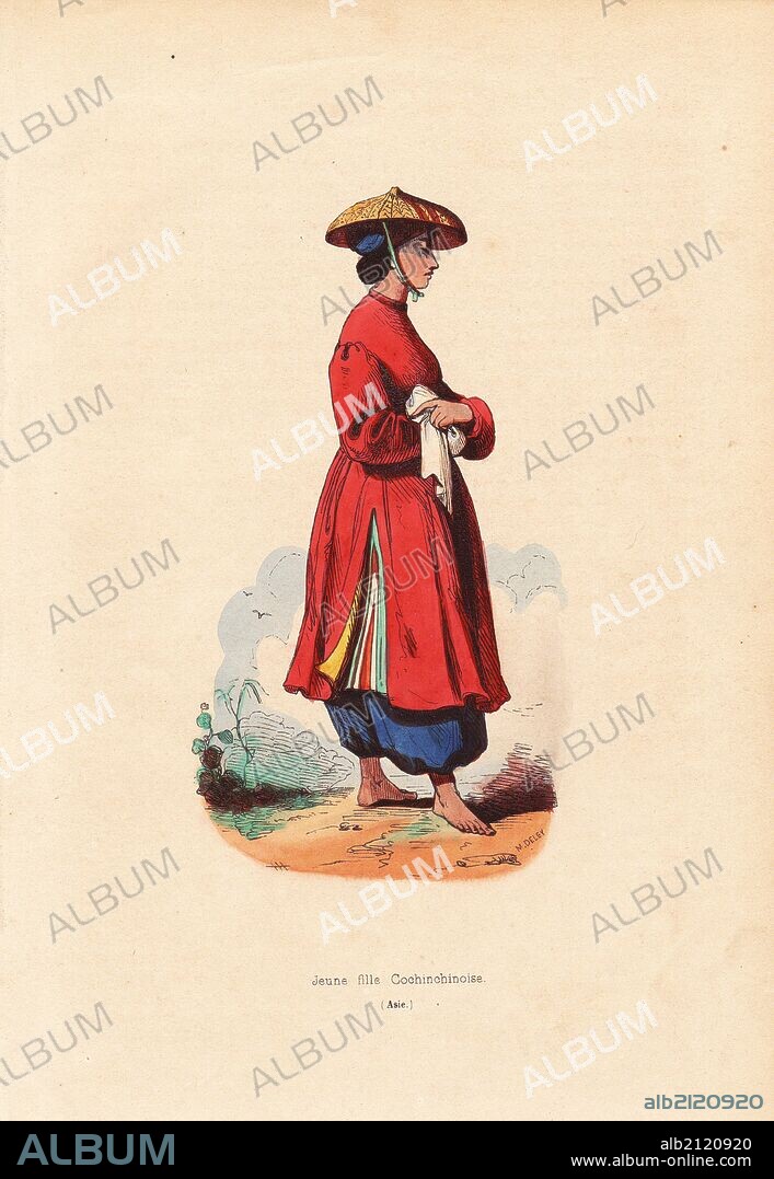 Girl of Cochinchine (Vietnam) in in straw hat, "ao dai" tunic over pantalons. Handcoloured woodcut by M. Deley from an illustration by H. Hendrickx from Auguste Wahlen's "Moeurs, Usages et Costumes de tous les Peuples du Monde," Librairie Historique-Artistique, Brussels, 1845. Wahlen was the pseudonym of Jean-Francois-Nicolas Loumyer (1801-1875), a writer and archivist with the Heraldic Department of Belgium.