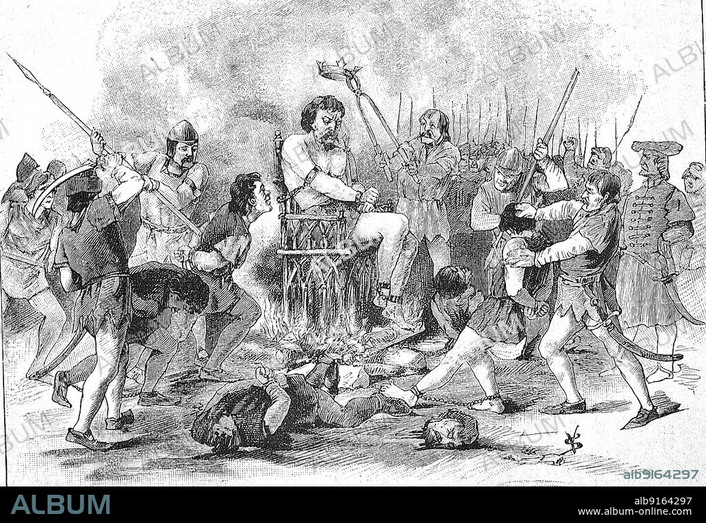 German Peasant War, 1514-1526, The Execution of Dosa. György Dozsa, Georg Dozsa, Dozsa György, Gheorghe Doja, c. 1470-1514, Szekler from Transylvania, equestrian captain, leader of the Hungarian Peasants' Revolt, Germany, Historical, digitally restored reproduction of a 19th century original, exact original date unknown